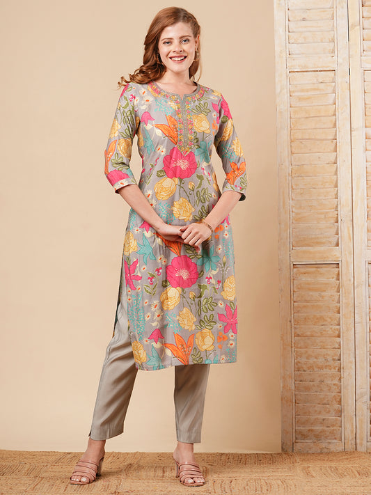 Floral Printed & Embroidered Straight Fit Kurta with Pant - Grey