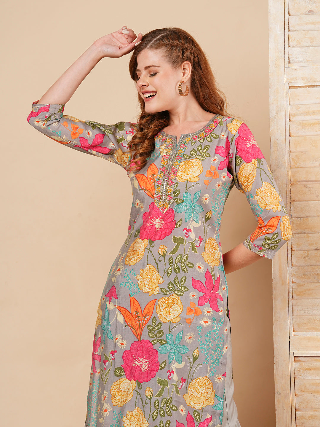 Floral Printed & Embroidered Straight Fit Kurta with Pant - Grey