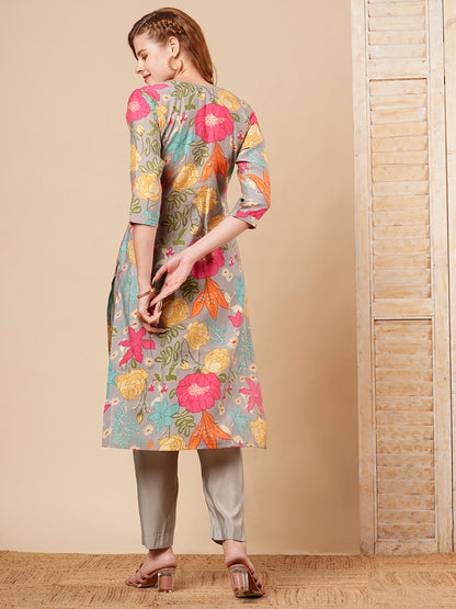 Floral Printed & Embroidered Straight Fit Kurta with Pant - Grey