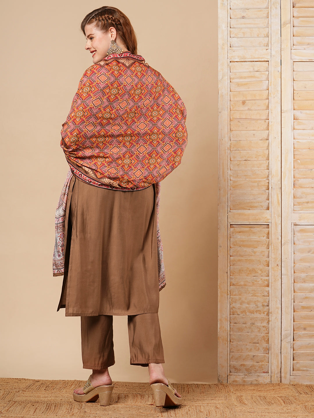 Solid Ethnic Embroidered Straight Fit Kurta with Pant and Dupatta - Brown