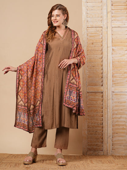 Solid Ethnic Embroidered Straight Fit Kurta with Pant and Dupatta - Brown