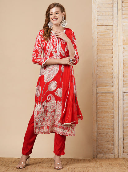 Ethnic Ikat Printed & Schiffli Embroidered Straight Kurta with Pant & Dupatta - Red