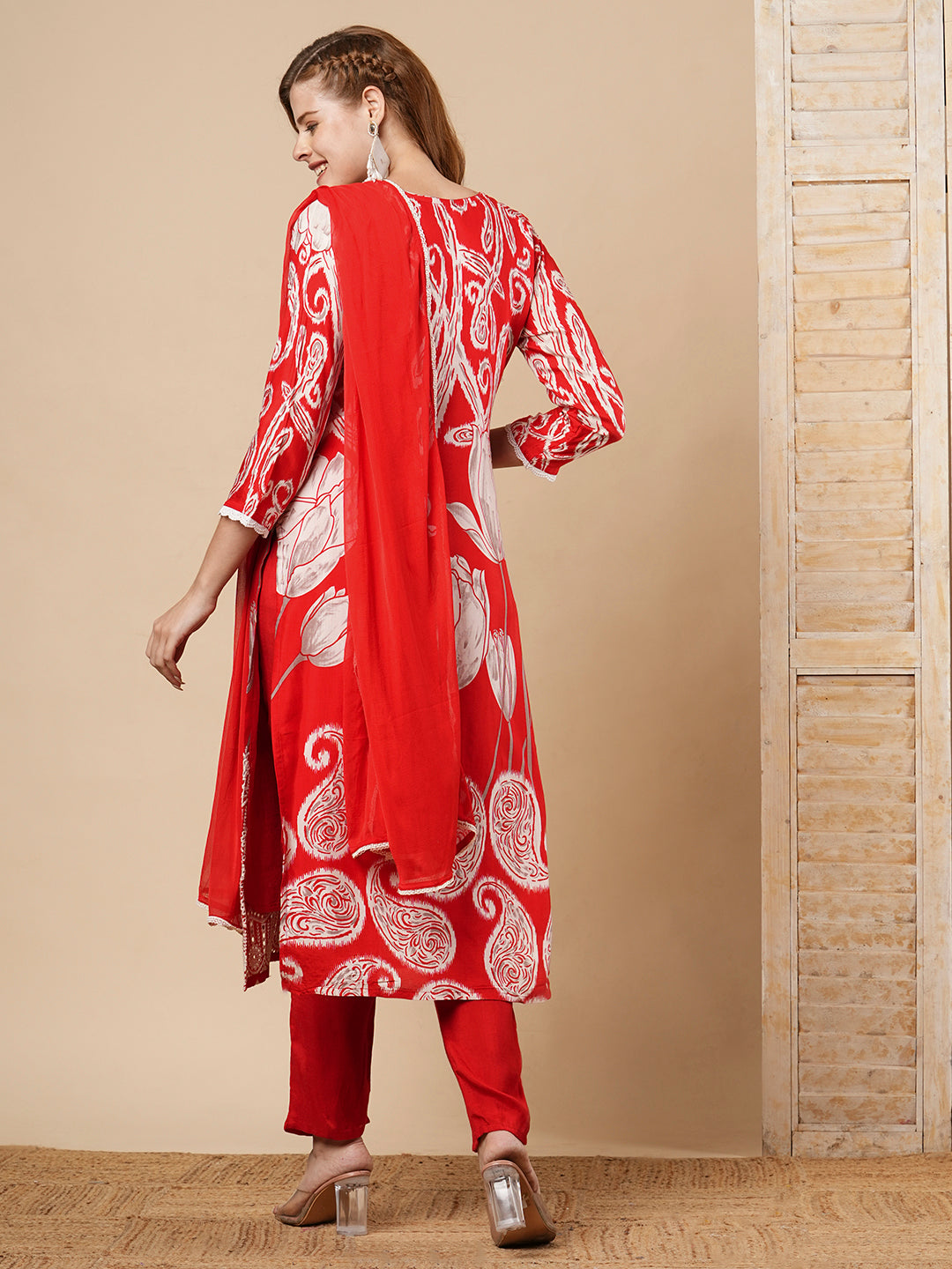 Ethnic Ikat Printed & Schiffli Embroidered Straight Kurta with Pant & Dupatta - Red