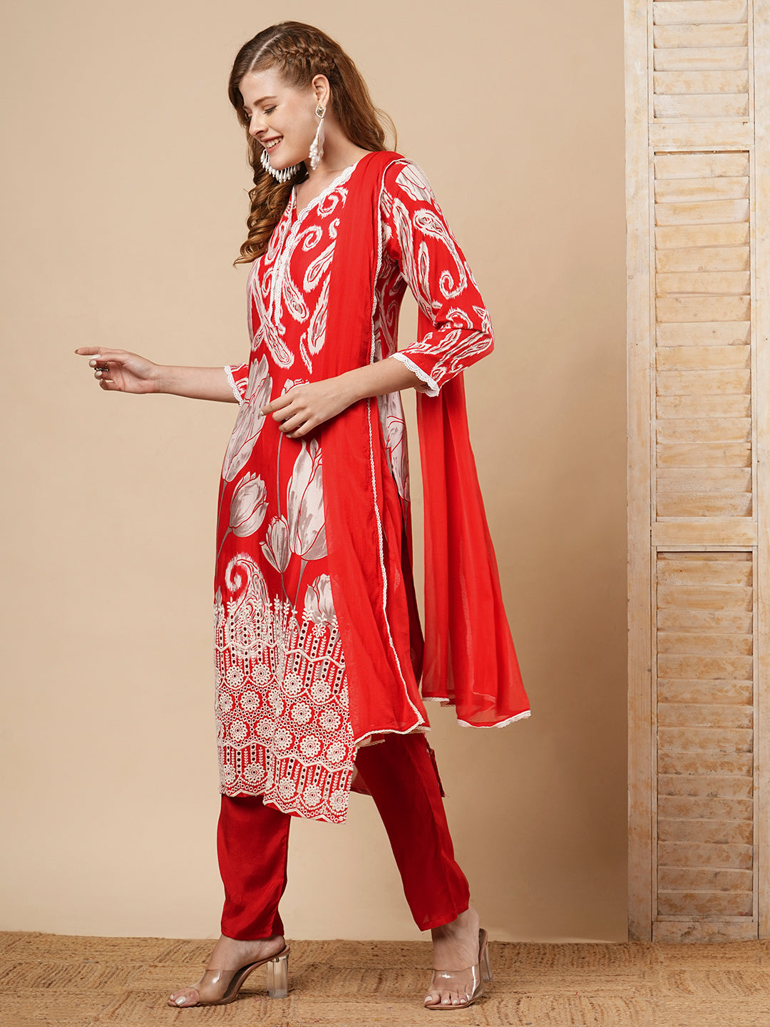 Ethnic Ikat Printed & Schiffli Embroidered Straight Kurta with Pant & Dupatta - Red