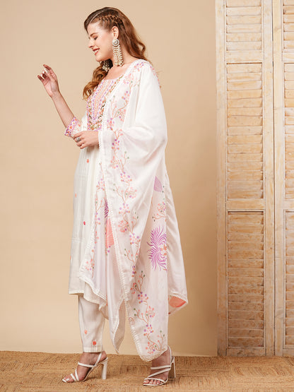 Floral Hand Embroidered Straight Fit Kurta with Pant and Printed Dupatta - White