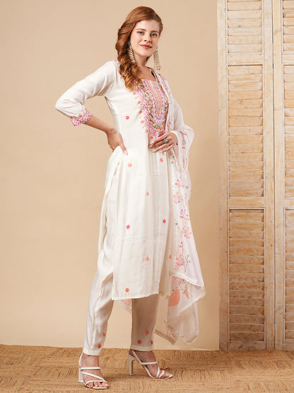 Floral Hand Embroidered Straight Fit Kurta with Pant and Printed Dupatta - White