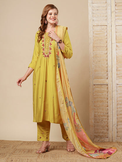 Floral Hand Embroidered Straight Fit Kurta with Pant & Dupatta - Mustard