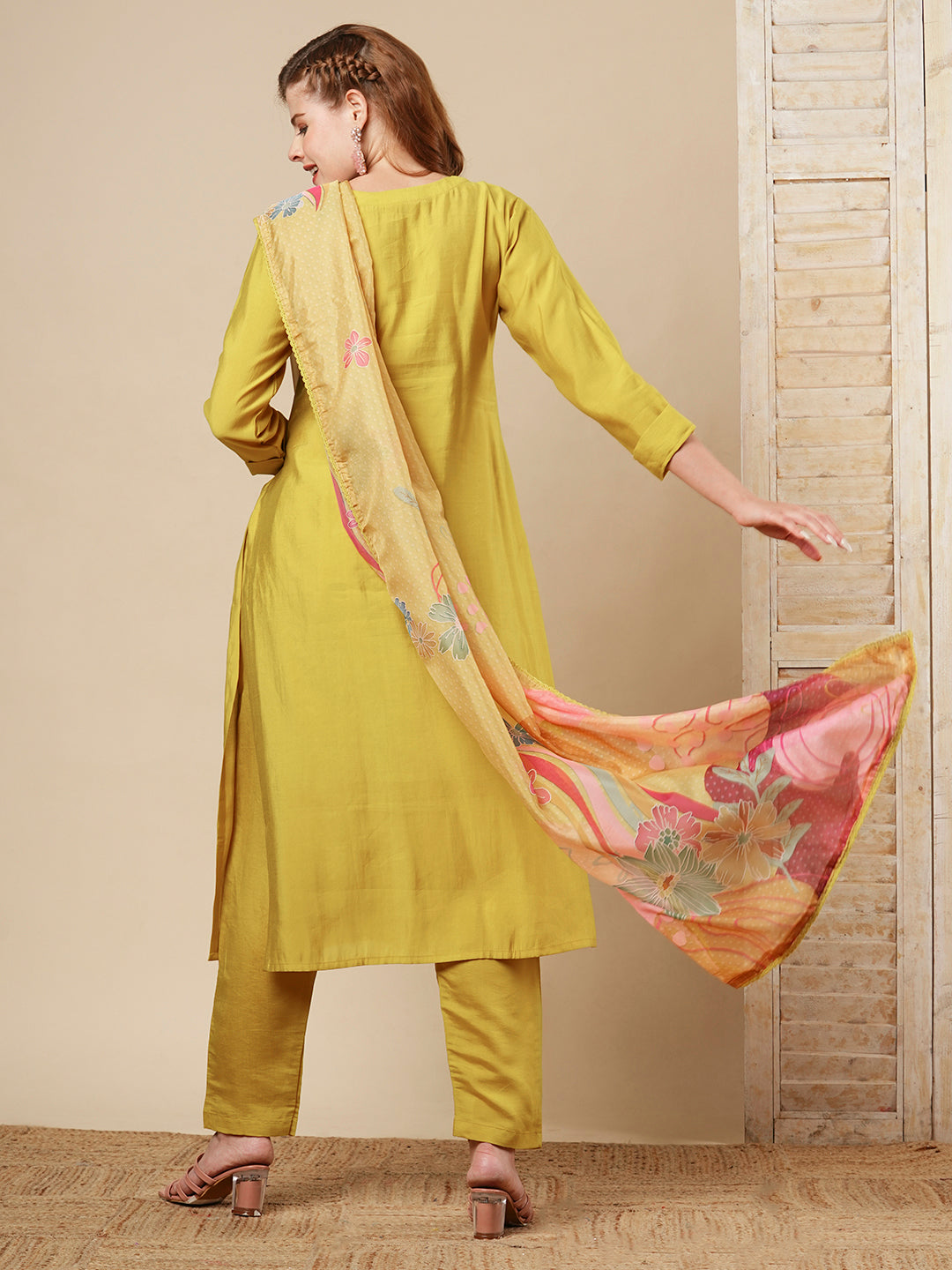 Floral Hand Embroidered Straight Fit Kurta with Pant & Dupatta - Mustard