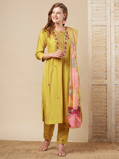 Floral Hand Embroidered Straight Fit Kurta with Pant & Dupatta - Mustard