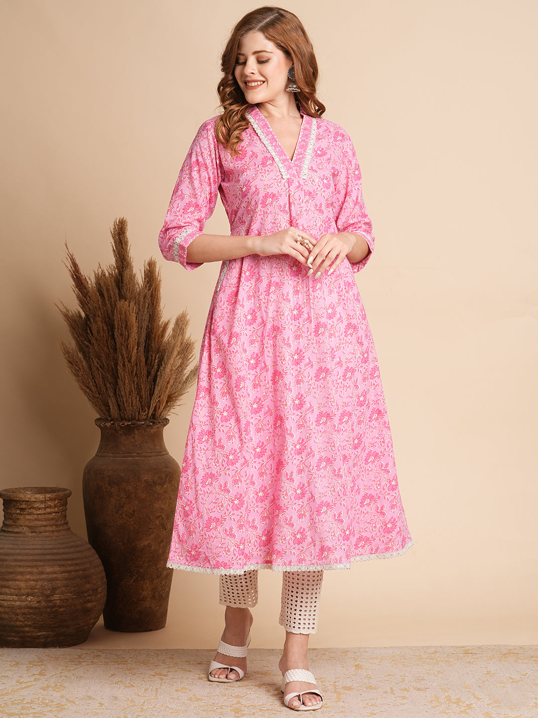 Floral Printed & Embroidered A-Line Flared Maxi Dress - Pink