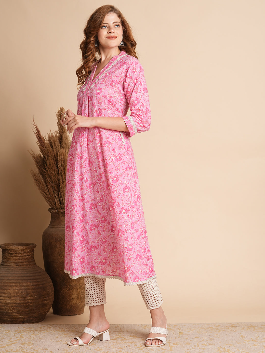 Floral Printed & Embroidered A-Line Flared Maxi Dress - Pink