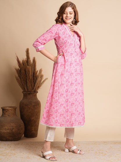 Floral Printed & Embroidered A-Line Flared Maxi Dress - Pink