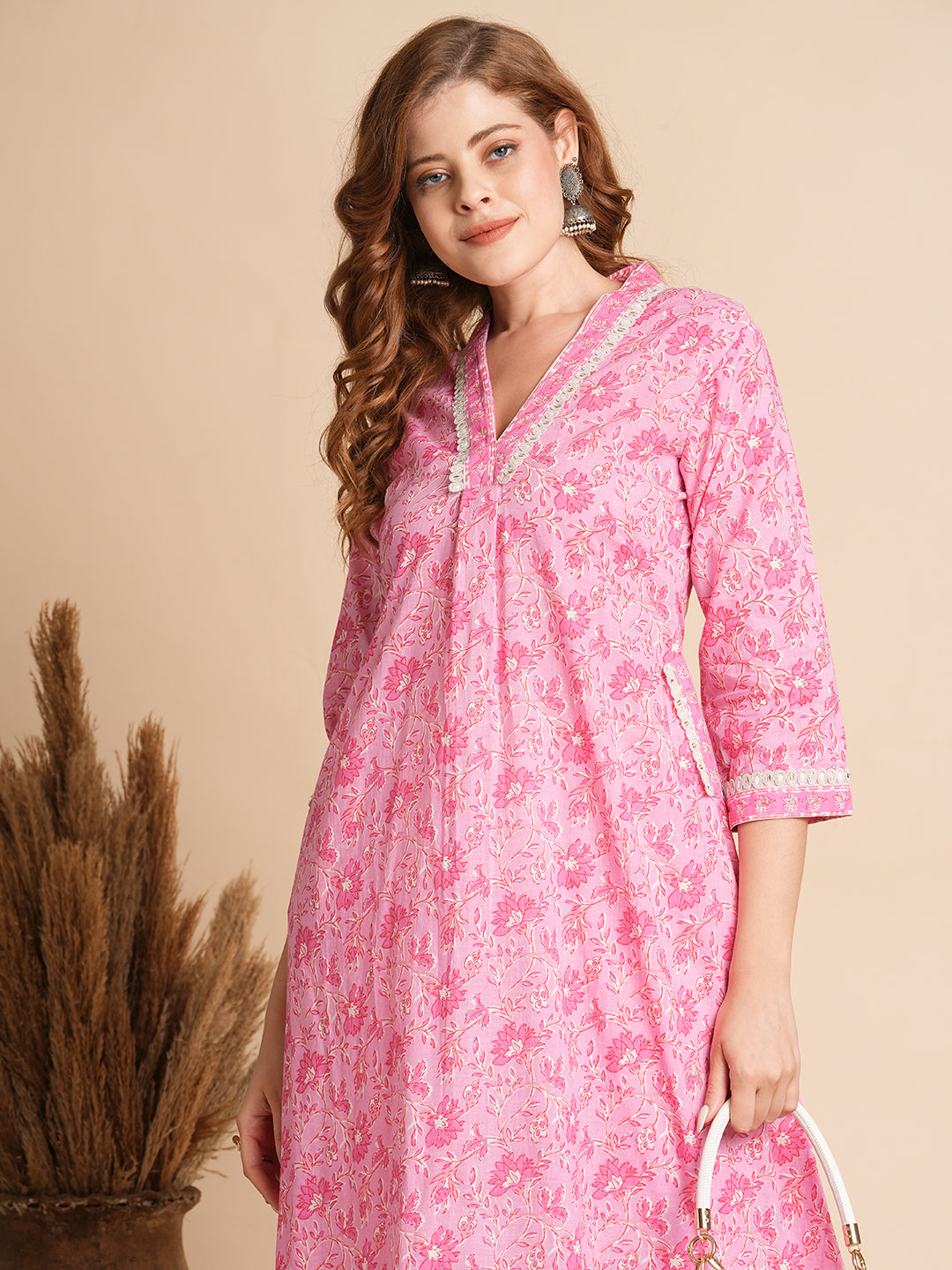 Floral Printed & Embroidered A-Line Flared Maxi Dress - Pink