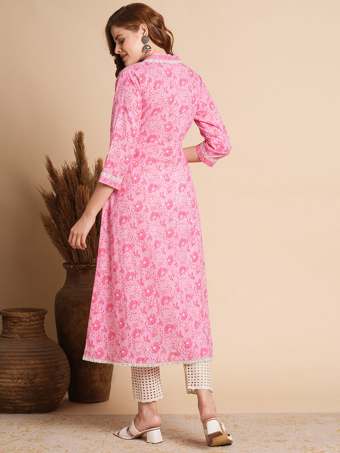 Floral Printed & Embroidered A-Line Flared Maxi Dress - Pink