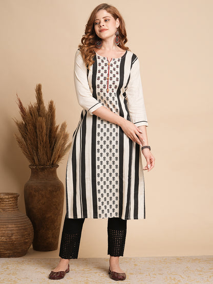 Ethnic & Stripes Printed & Hand Embroidered Straight Fit Kurta - Off White