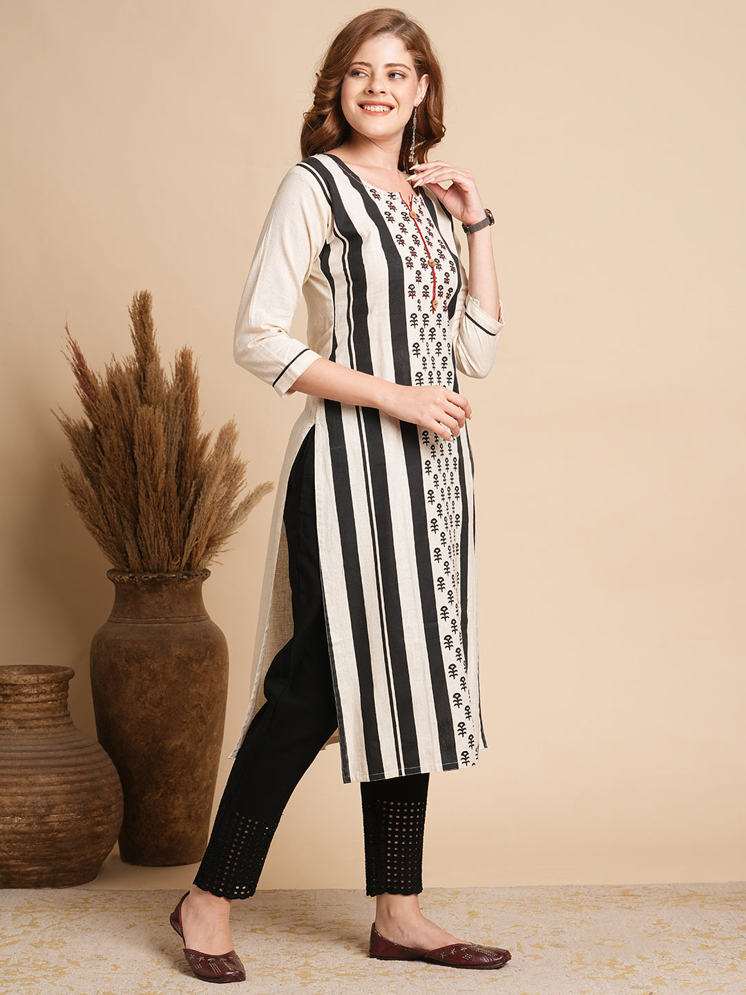 Ethnic & Stripes Printed & Hand Embroidered Straight Fit Kurta - Off White