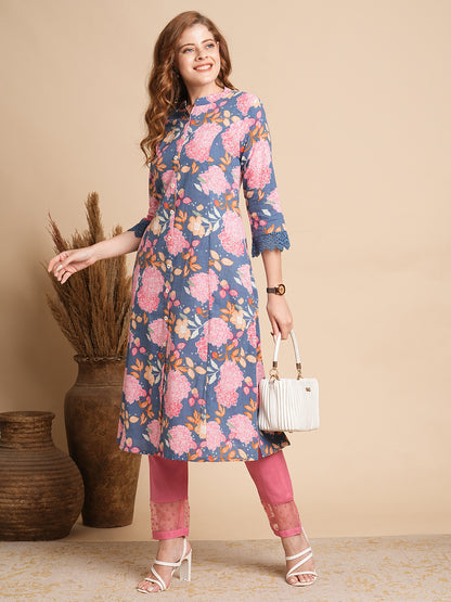 Floral Printed A-Line Paneled Kurta - Blue