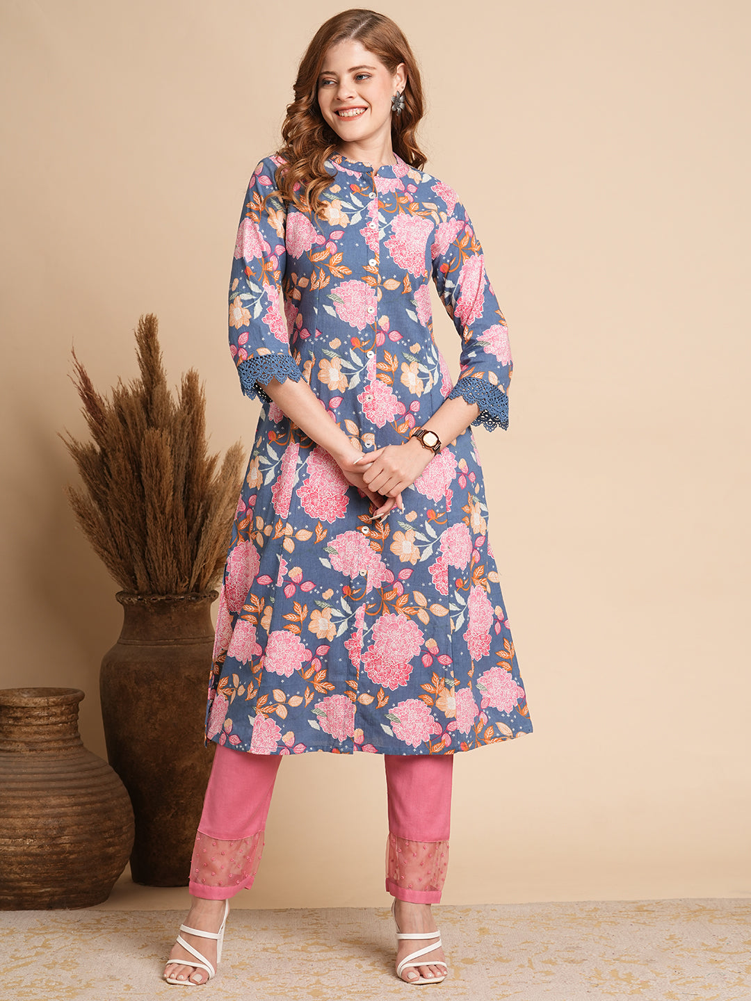 Floral Printed A-Line Paneled Kurta - Blue