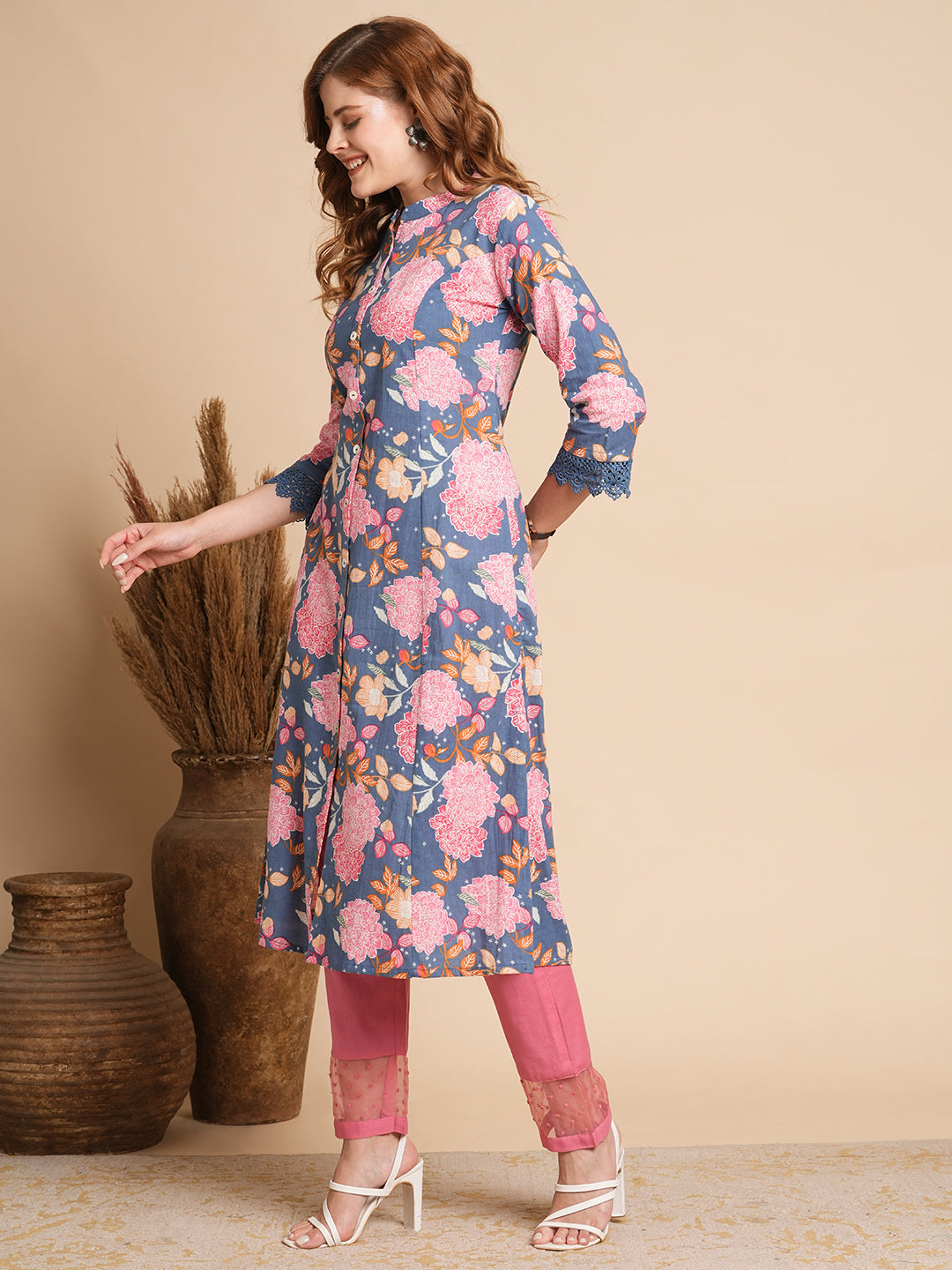 Floral Printed A-Line Paneled Kurta - Blue