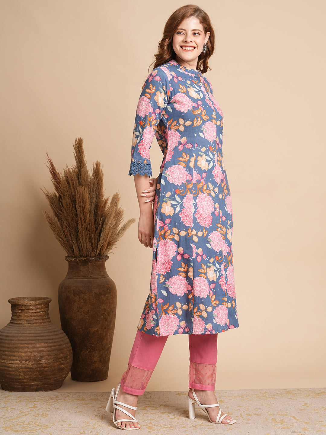 Floral Printed A-Line Paneled Kurta - Blue