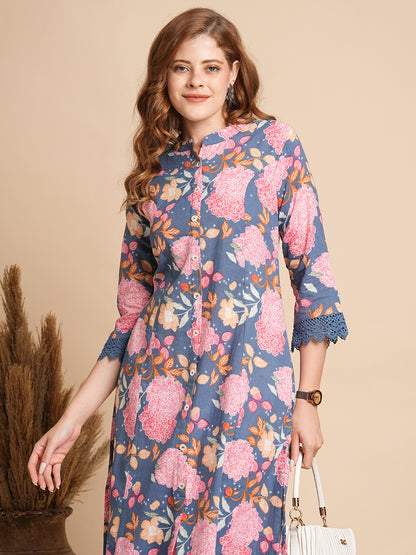 Floral Printed A-Line Paneled Kurta - Blue