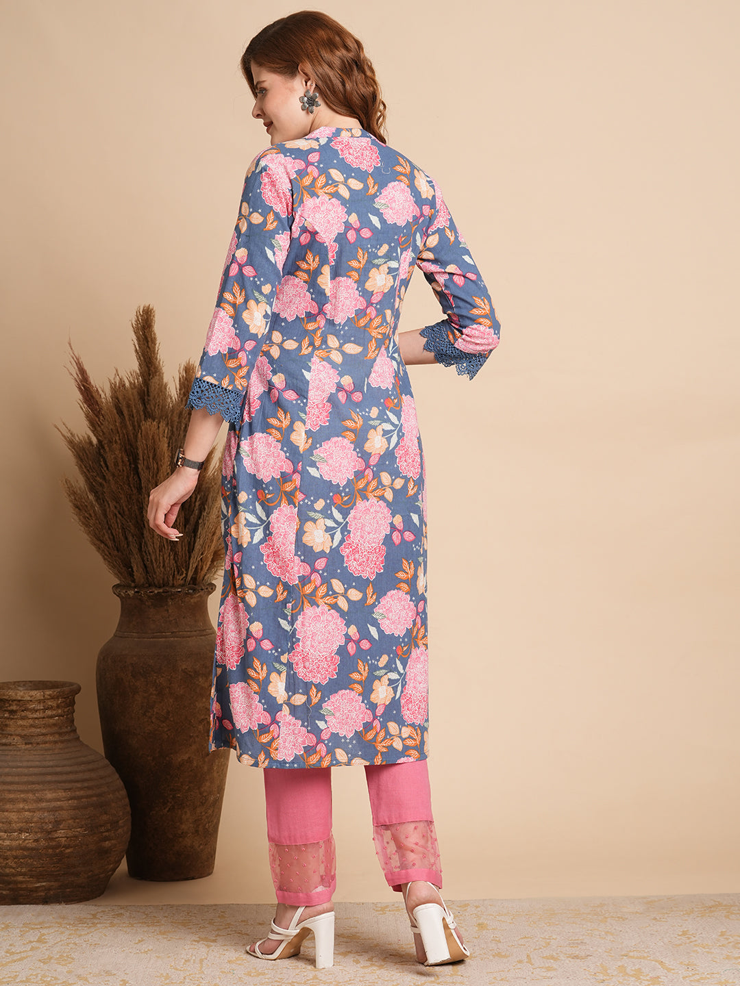 Floral Printed A-Line Paneled Kurta - Blue