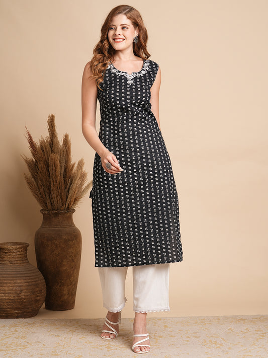 Ethnic Floral Printed & Embroidered Straight Fit Kurta with Tie - Ups - Black