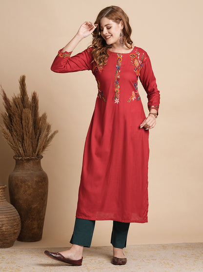 Solid Floral Hand Painted & Embroidered Straight Fit Kurta - Red