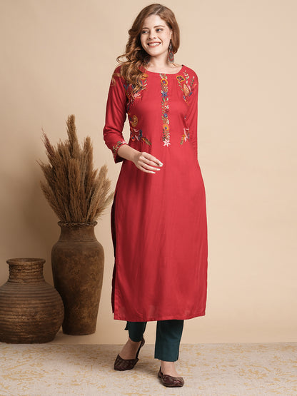 Solid Floral Hand Painted & Embroidered Straight Fit Kurta - Red