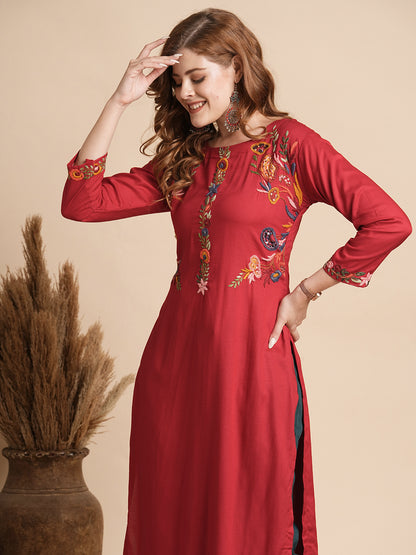 Solid Floral Hand Painted & Embroidered Straight Fit Kurta - Red