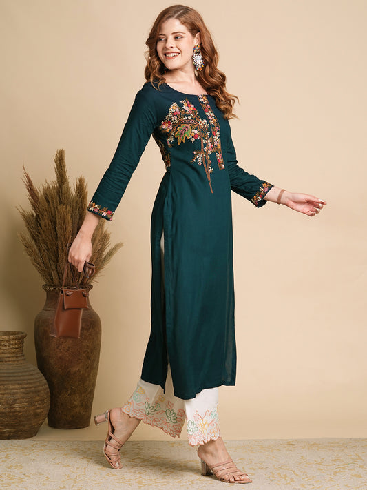 Floral Hand Embroidered Straight Fit Kurta - Teal Green