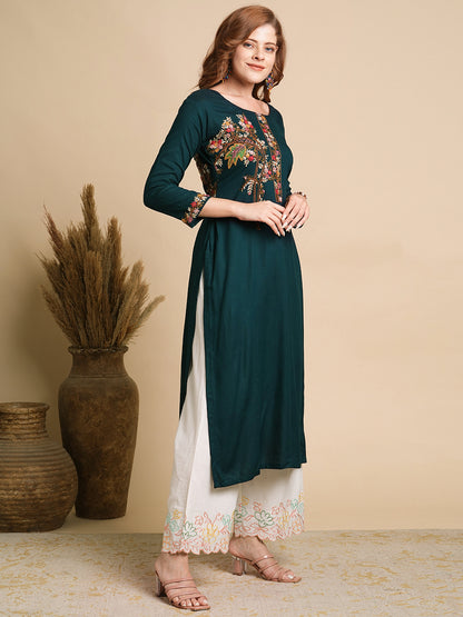 Floral Hand Embroidered Straight Fit Kurta - Teal Green