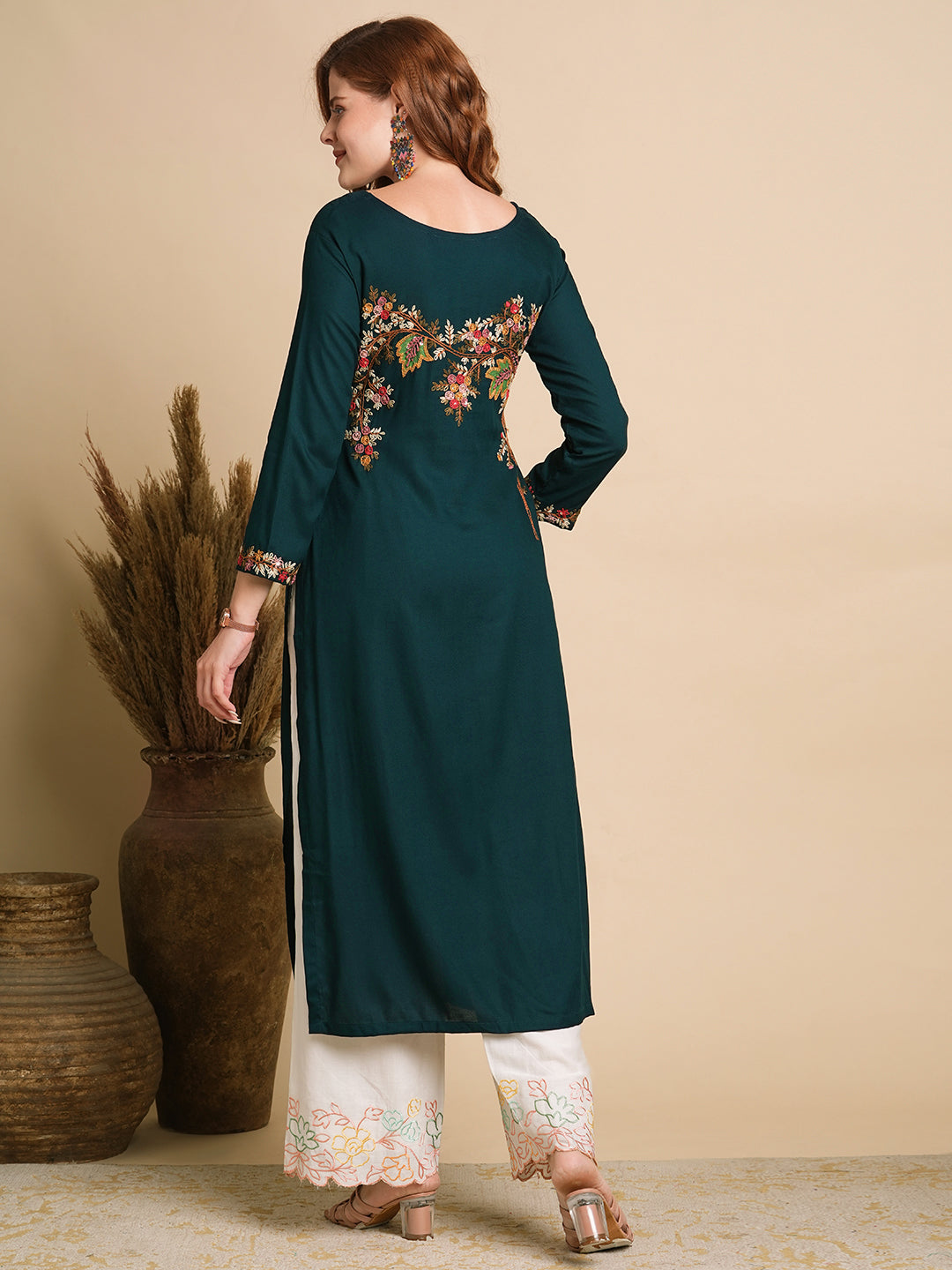 Floral Hand Embroidered Straight Fit Kurta - Teal Green