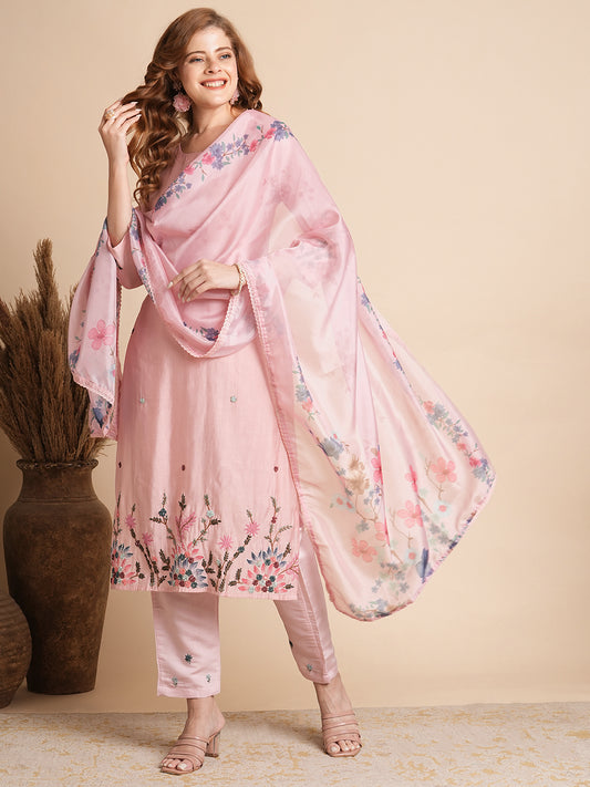 Solid Floral Hand Embroidered Straight Fit Kurta with Pant & Dupatta - Pink