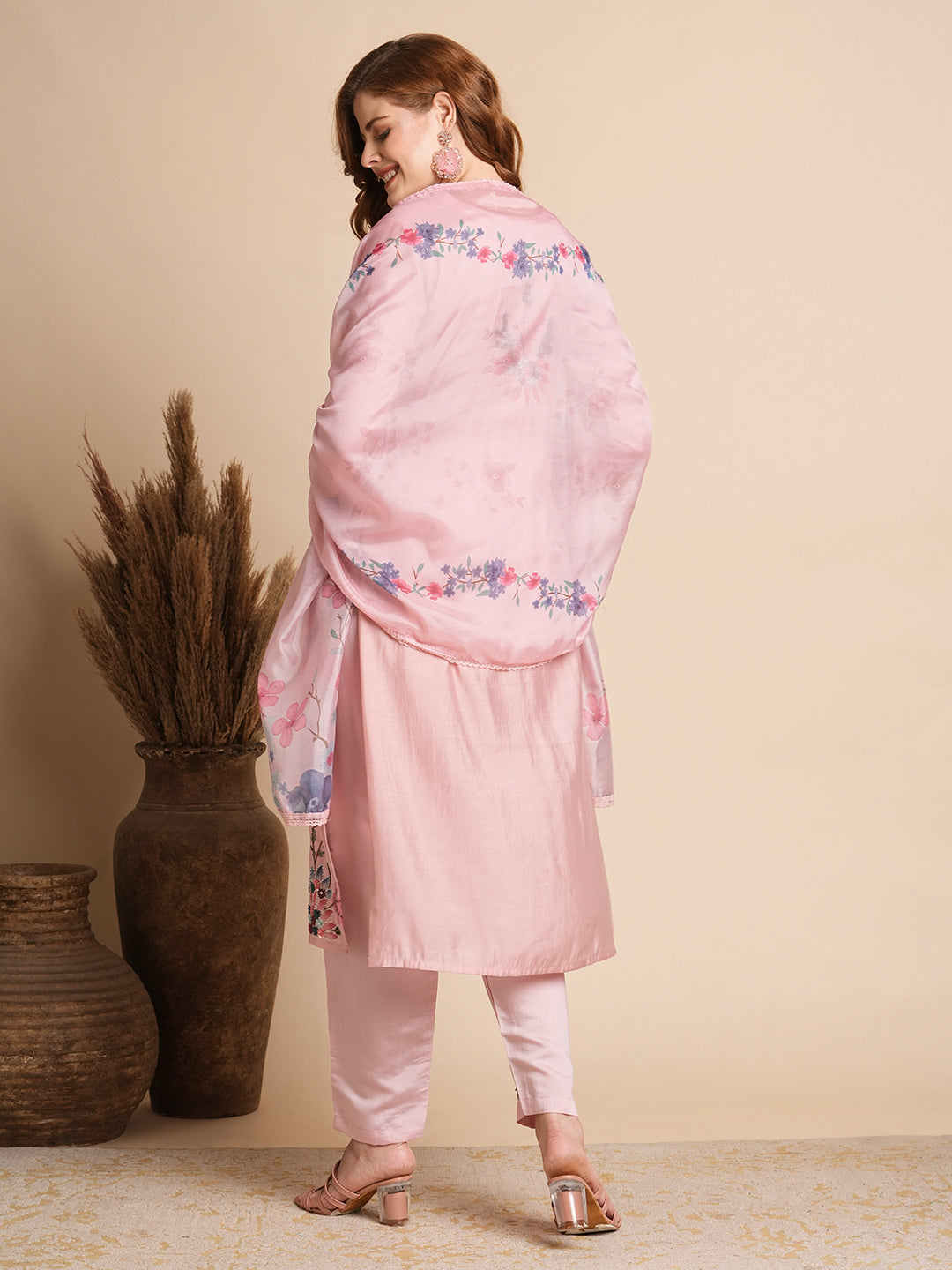 Solid Floral Hand Embroidered Straight Fit Kurta with Pant & Dupatta - Pink