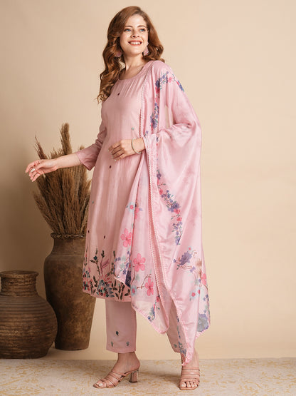 Solid Floral Hand Embroidered Straight Fit Kurta with Pant & Dupatta - Pink