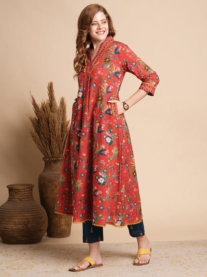 Ethnic Floral Printed A-Line Flared Maxi Dress - Red