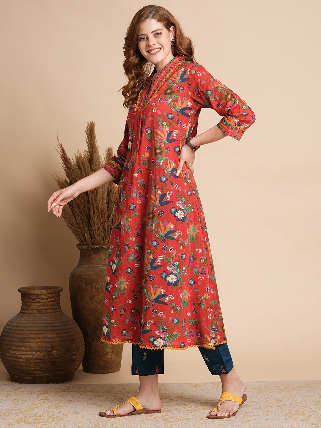 Ethnic Floral Printed A-Line Flared Maxi Dress - Red