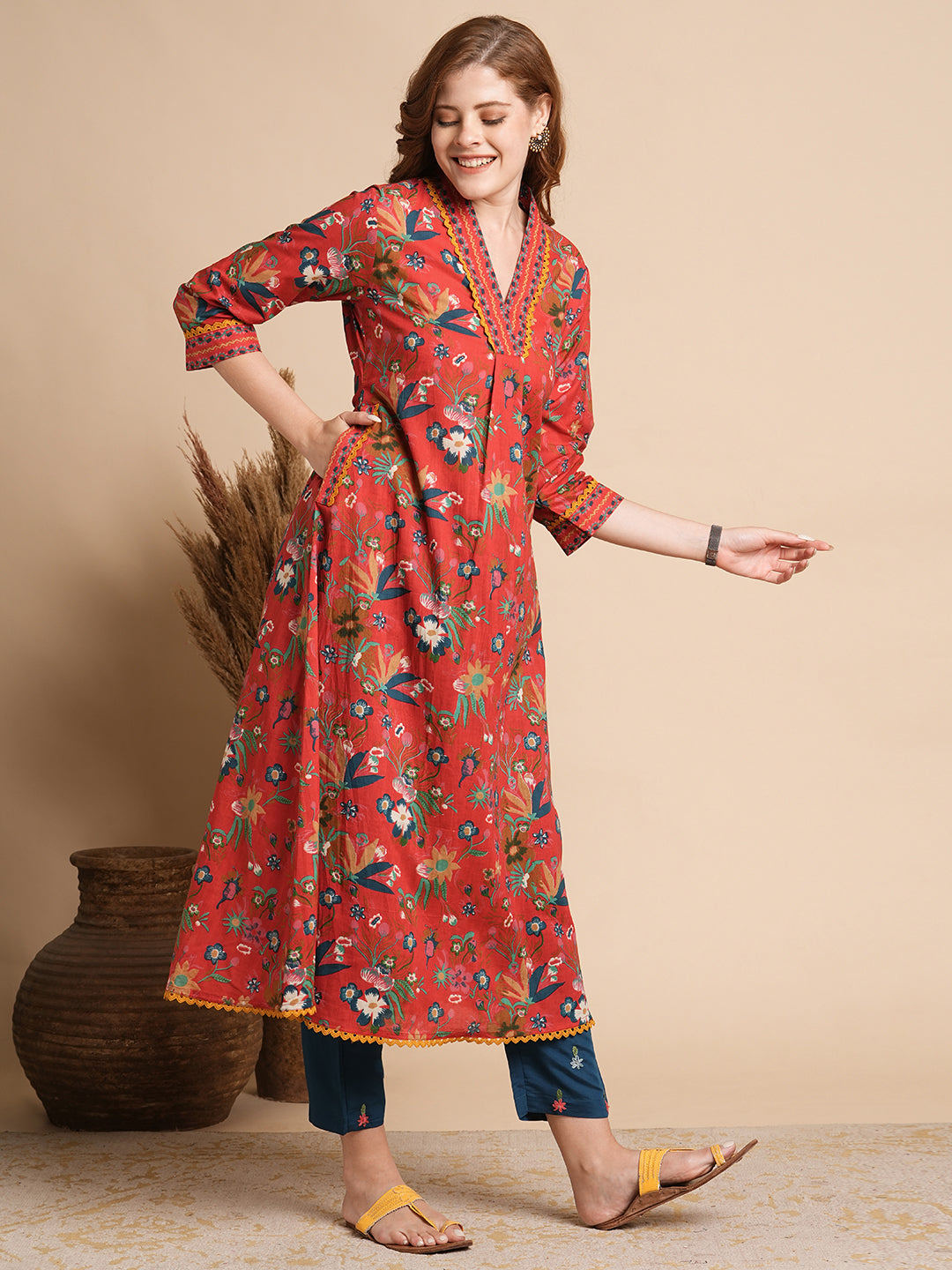 Ethnic Floral Printed A-Line Flared Maxi Dress - Red