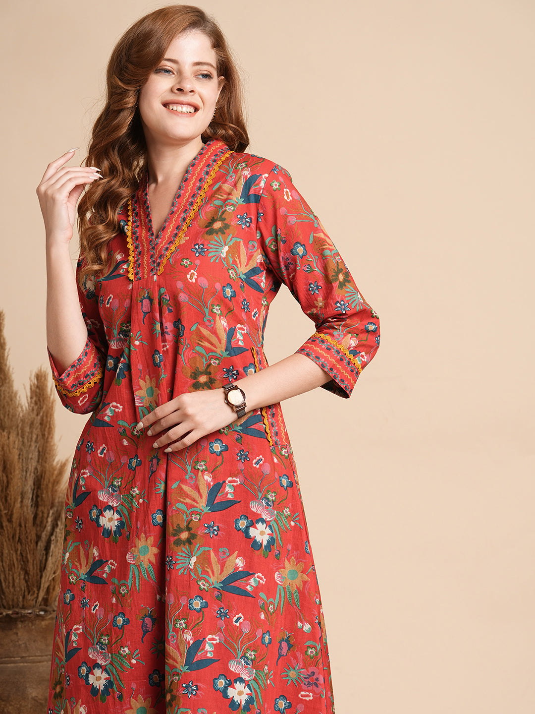 Ethnic Floral Printed A-Line Flared Maxi Dress - Red