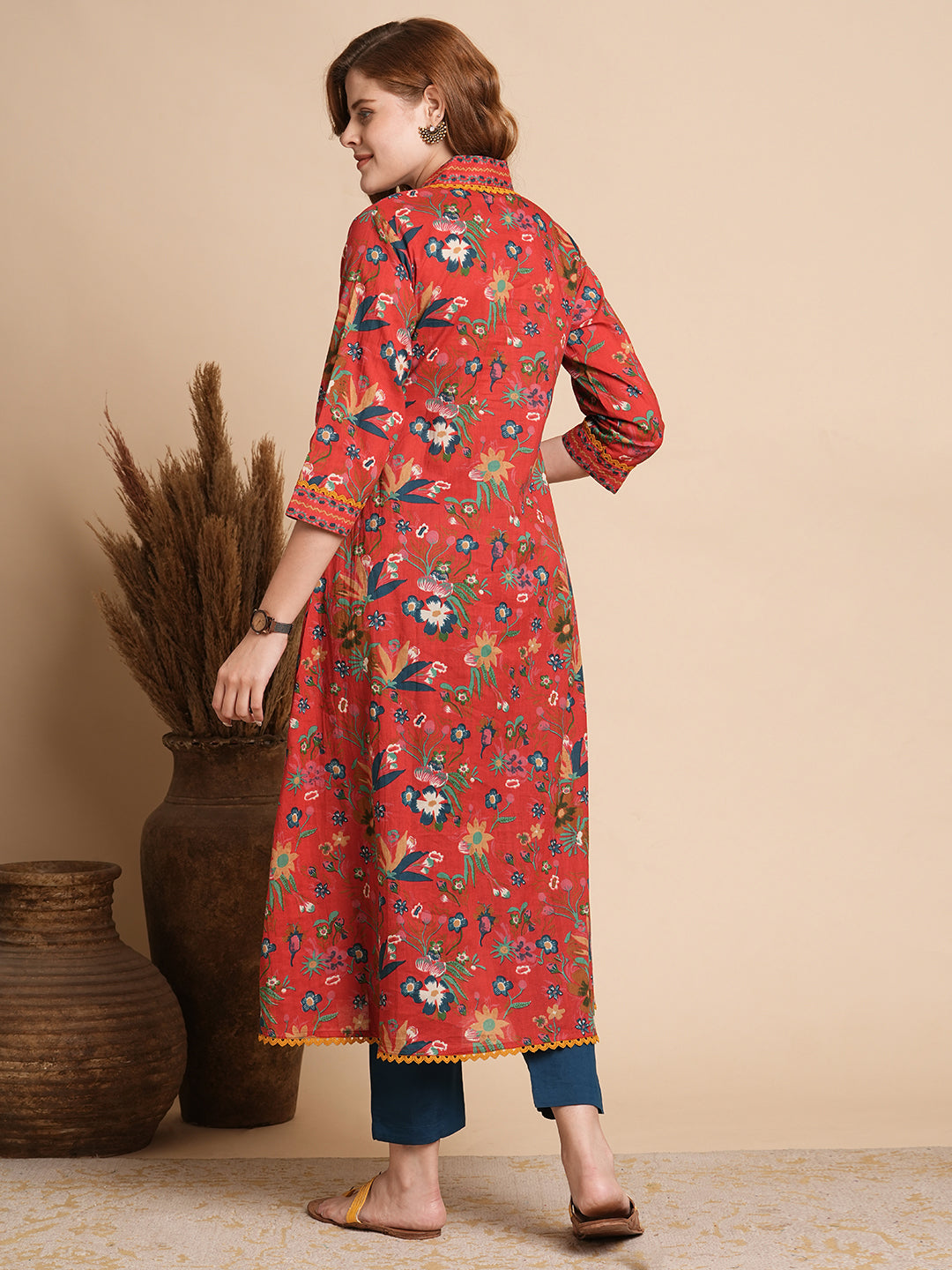 Ethnic Floral Printed A-Line Flared Maxi Dress - Red