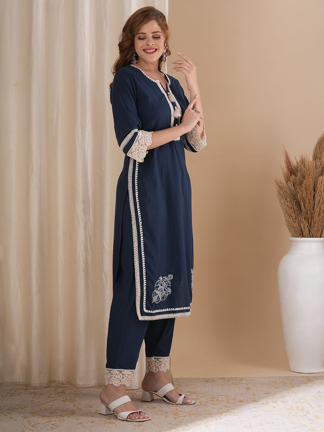 Solid Ethnic Embroidered Straight Fit Co-ord Set - Navy Blue