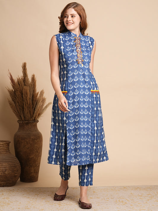 Ethnic Stripes Printed & Embroidered Straight Fit Kurta with Pant - Blue