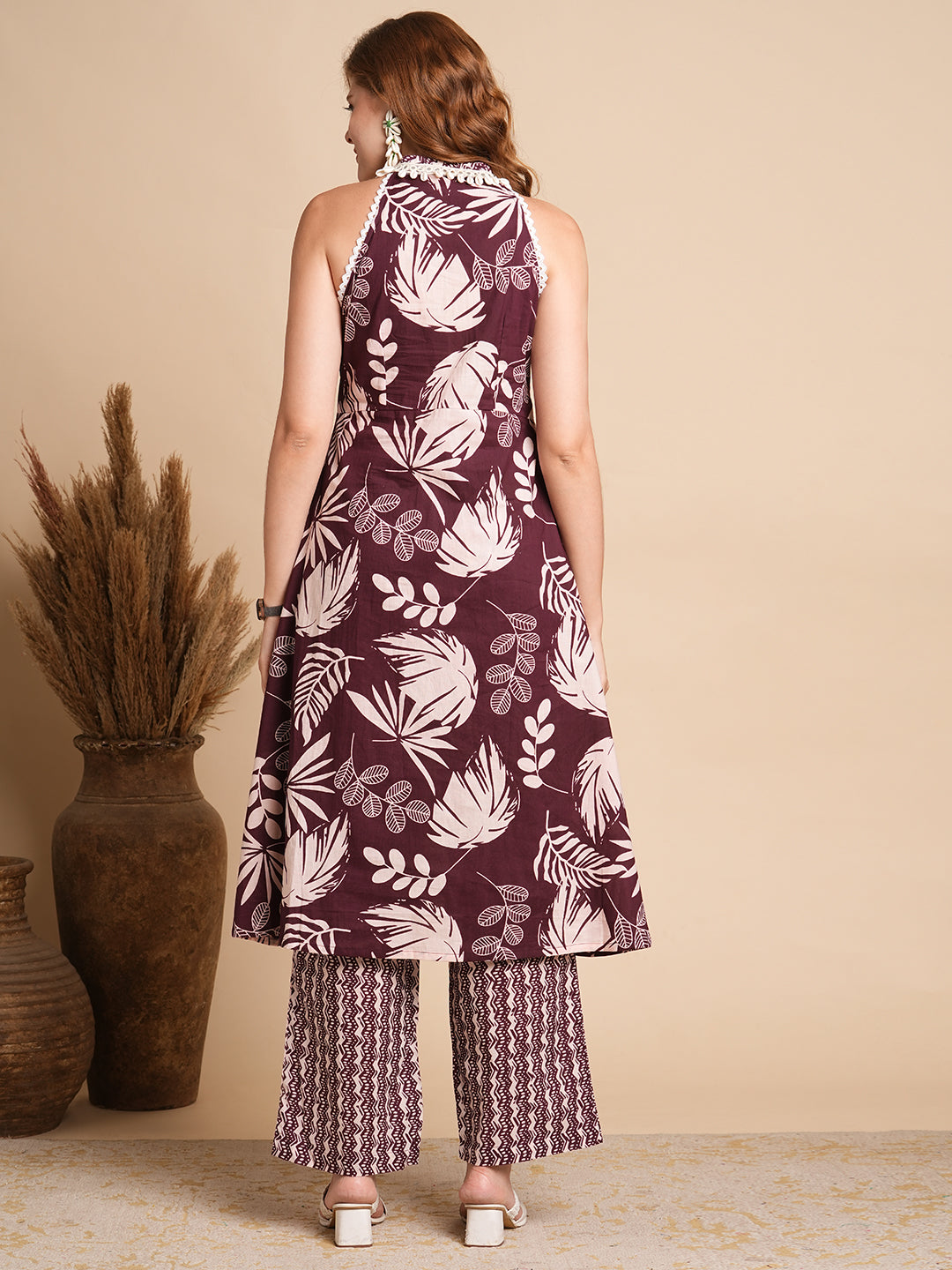 Abstract Floral Printed A-Line Flared Kurta with Palazzo - Burgundy