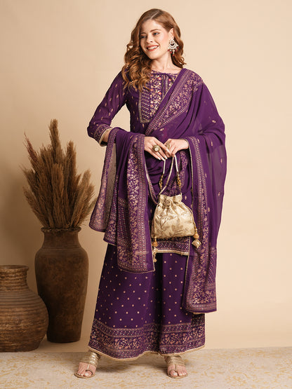 Ethnic Floral Printed & Hand Embroidered Kurta with Palazzo & Dupatta - Purple