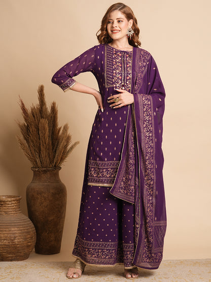 Ethnic Floral Printed & Hand Embroidered Kurta with Palazzo & Dupatta - Purple