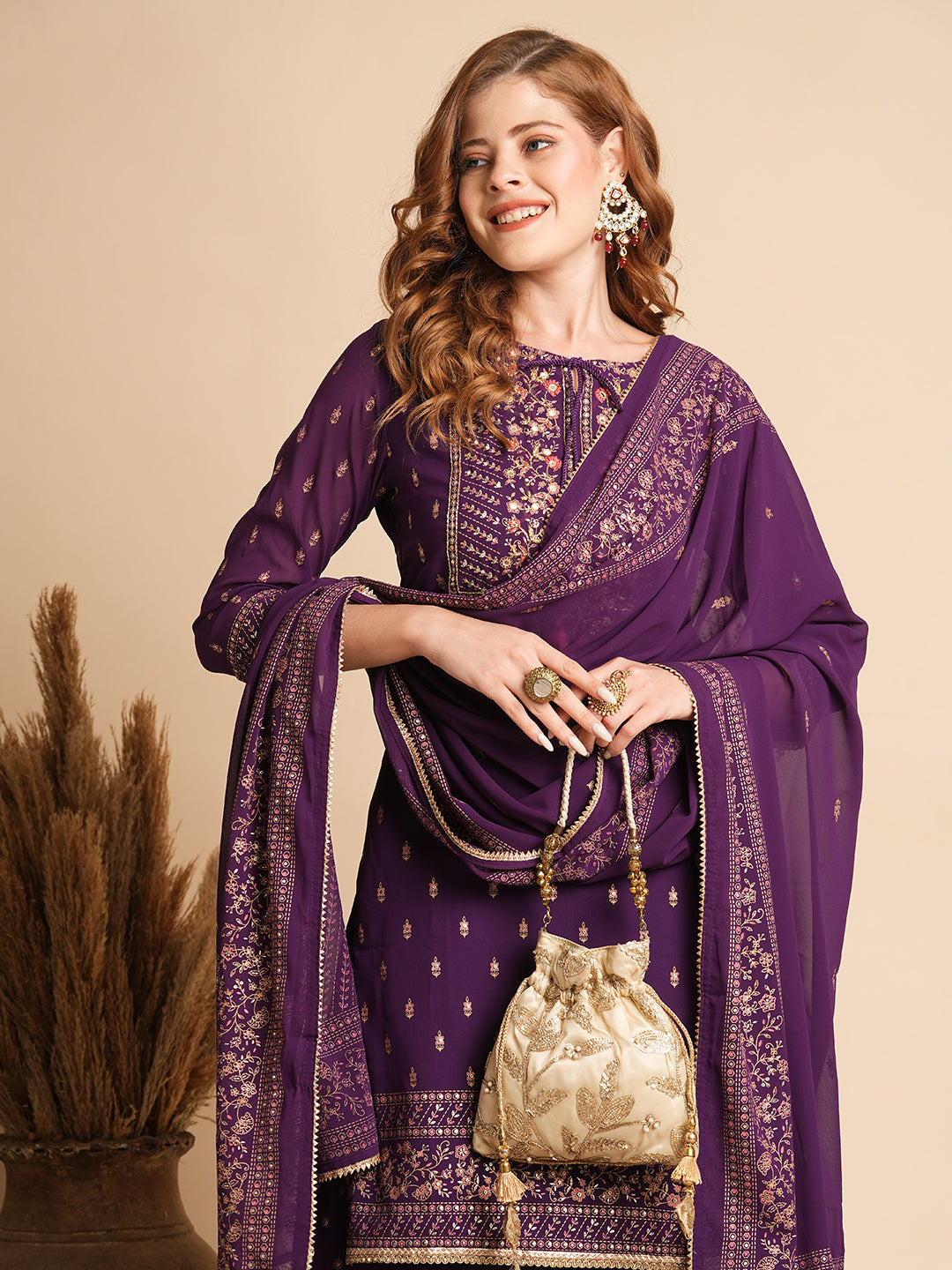 Ethnic Floral Printed & Hand Embroidered Kurta with Palazzo & Dupatta - Purple