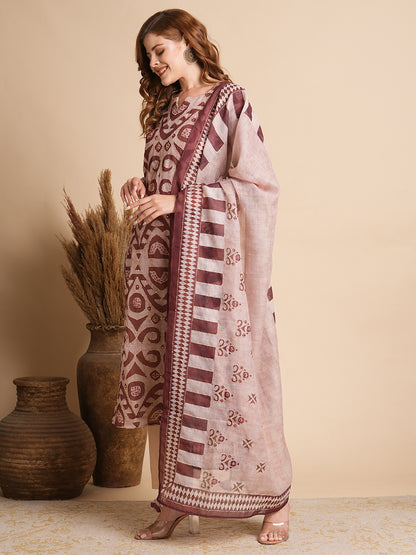 Geometric Printed & Kantha Embroidered Straight Kurta with Pant & Dupatta - Beige