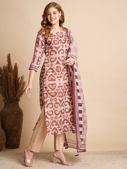 Geometric Printed & Kantha Embroidered Straight Kurta with Pant & Dupatta - Beige