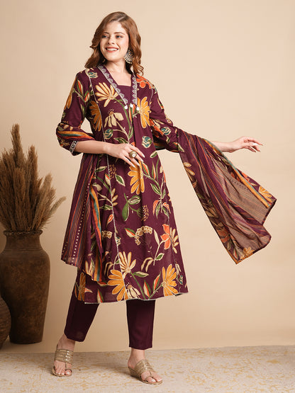 Floral Printed A-Line Paneled Kurta with Pant & Dupatta - Burgundy